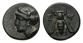Ionia, Ephesos. Ae, 1.33 g 4.22 mm. Circa 375-325 BC.
Obv: Female head left, wearing mural-crown.
Rev: E – Φ, Bee.
Ref: SNG von Aulock 1839; SNG Copen...