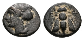 Ionia, Ephesos. Ae, 1.40 g 11.22 mm. Circa 375-325 BC.
Obv: Female head left, wearing mural-crown.
Rev: E – Φ, Bee.
Ref: SNG von Aulock 1839; SNG Cope...