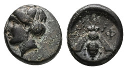 Ionia, Ephesos. Ae, 1.80 g 11.91 mm. Circa 375-325 BC.
Obv: Female head left, wearing mural-crown.
Rev: E – Φ, Bee.
Ref: SNG von Aulock 1839; SNG Cope...