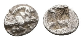 Ionia, Klazomenai. AR Hemiobol, 0.29 g 7.19 mm. 5th century BC.
Obv: Forepart of winged boar right.
Rev: Quadripartite incuse square.
Ref: SNG von Aul...