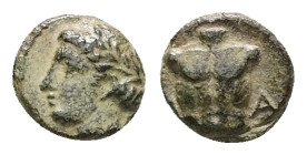 Ionia, Magnesia ad Maeandrum. Ae, 0.44 g 8.07 mm. Circa 400 BC 
Obv: Laureate head of Apollo left.
Rev.: M-A; Cuirass.
Ref.: SNG Kayhan, 393-94. 
Fine...