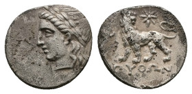 Ionia, Miletos. AR Hemidrachm, 1.45 g 14.11 mm. Circa 360-350 BC. Python, magistrate.
Obv: Laureate head of Apollo left
Rev: ΠYΘΩN , Lion standing lef...