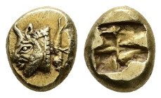 Ionia, Phokaia. EL Hekte, 2.58 g 10.81 mm. Circa 625/0-522 BC.
Obv: Head of river-god as man-headed bull left; to right, small seal downward
Rev: Qu...