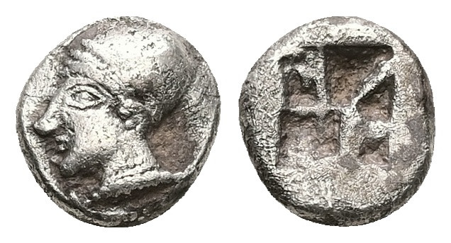Ionia, Phokaia. AR Diobol, 1.21 g 9.59 mm. Circa 521-478 BC.
Obv: Archaic female...