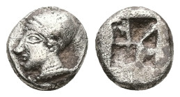 Ionia, Phokaia. AR Diobol, 1.21 g 9.59 mm. Circa 521-478 BC.
Obv: Archaic female head left, wearing earring and helmet or close fitting cap.
Rev: Incu...