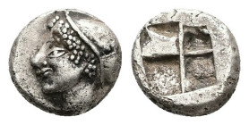 Ionia, Phokaia. AR Diobol, 1.25 g 9.58 mm. Circa 521-478 BC.
Obv: Archaic female head left, wearing earring and helmet or close fitting cap.
Rev: Incu...