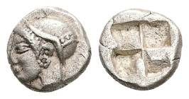 Ionia, Phokaia. AR Diobol, 1.27 g 9.61 mm. Circa 521-478 BC.
Obv: Archaic female head left, wearing earring and helmet or close fitting cap.
Rev: Incu...