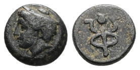 Ionia, Phokaia. Ae, 2.00 g 11.77 mm. 2nd century BC. 
Obv: Head of Hermes left, wearing petasos.
Rev.: Monogram of Phokaia in form of caduceus. 
Ref.:...