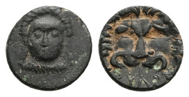 Ionia, Samos (?).Ae, 1.06 g 11.13 mm. Circa 300-200 BC. 
Obv: Diademed head of Hera facing wearing a necklace 
Rev: Facing lion's skin.
Cf. SNG Copenh...