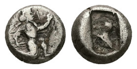 Persia, Achaemenid Empire. Artaxerxes II - Darius III, circa 375 - 336 BC. AR ¼ siglos, 1.27 g 9.00 mm. Obv: Persian King/hero kneeling-running right,...