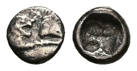 Kings of Lydia, Sardes. Kroisos, AR 1/24 Stater. 0.34 g 6.55 mm. Circa 564/53-550/39 BC.
Obv: Confronted foreparts of lion and bull.
Rev: Incuse squar...