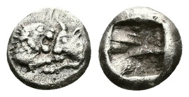 Kings of Lydia, Sardes. Kroisos, AR 1/24 Stater. 0.45 g 6.83 mm. Circa 564/53-550/39 BC.
Obv: Confronted foreparts of lion and bull.
Rev: Incuse squar...