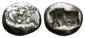 Kings of Lydia, Sardes. Kroisos, AR 1/6 Stater, 1.74 g 9.89 mm. Circa 564/53-550/39 BC.
Obv: Confronted foreparts of lion and bull.
Rev: Two incuse sq...
