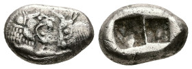Kings of Lydia, Sardes. Kroisos. AR Half Stater, 5.13 g 16.81 mm. Circa 564/53-550/39 BC.
Obv: Confronted foreparts of lion and bull.
Rev: Two incuse ...