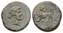 Lydia, Sardes. Ae, 4.79 g 20.38 mm. Second-first centuries BC.
Obv: Wreathed head of Dionysos right. Dotted border.
Rev.: ΣΑΡΔΙΑΝΩΝ; Horned lion stand...