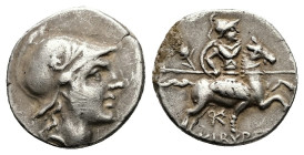Phrygia, Kibyra, AR Drachm, 3.17 g 16.66 mm. Circa 166-83 BC. 
Obv: Male head right, wearing crested helmet 
Rev: ΚΙΒΥΡΑΤΩΝ, horseman galloping right,...