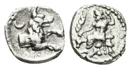 Lycaonia, Laranda. AR Obol, 0.62 g 10.79 mm. Circa 324/3 BC.
Obv: Baal seated left on throne, holding grain ear, grape bunch and sceptre.
Rev: Forepar...