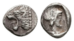 Caria, Uncertain. AR Obol, 0.88 g 9.88 mm. Circa 400-350 BC. 
Obv: Head of roaring lion left.
Rev.: Female head to right within incuse square. 
Ref.: ...