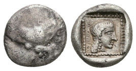 Dynasts of Caria, Orou. Local Dynast, AR Quarter Stater, 2.75 g 14.02 mm. Circa 450-400 BC. 
Obv: Forepart of winged, man-headed bull right.
Rev: OF O...
