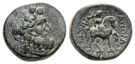 Caria, Apollonia Salbake, Ae, 6.12 g. 18.24 mm. Circa 2nd BC. 
Obv: Laureate head of Zeus right, two stiff curls hanging down the back of the neck.
Re...