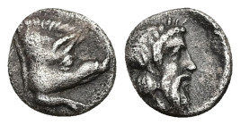 Caria, Euromos. AR Hemiobol, 0.40 g 7.79 mm. 5th century BC.
Obv: Forepart of boar right.
Rev: Bearded head of Lepsynos right.
Ref: SNG Kayhan I 75...