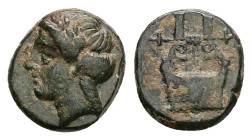 Caria, Halikarnassos, Circa 400-380 BC. AE chalkous, 1.70 g 1.25 mm. 
Obv: Head of Apollo left.
Rev.: [ΑΛΙ]; Lyre.
Ref.: SNG Kayhan 761. 
Fine