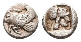 Caria, Rhodes. Ialysos. AR Obol, 0.77 g 8.38 mm. Circa 480-408 BC.
Obv: Forepart of winged boar left.
Rev: Helmeted head of Athena right within incuse...