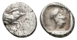 Caria, Ialysos, AR Diobol, 1.37 g 11.55 mm. Circa 480-408 BC. 
Obv: Forepart of winged boar right 
Rev: Helmeted head of Athena right within incuse sq...