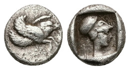 Caria, Ialysos, AR Diobol, 1.39 g 10.25 mm. Circa 480-408 BC.
Obv: Forepart of winged boar right
Rev: Helmeted head of Athena right within incuse sq...