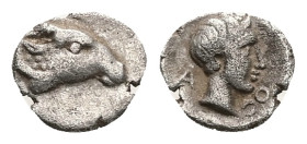 Caria, Kasolaba. AR Hemiobol, 0.36 g 8.39 mm. 4th century BC.
Obv: Young male head right; Carian letter to left and right.
Rev: Head of ram right.
Ref...