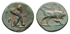 Caria, Kaunos. Ae, 1.32 g 13.10 mm. Circa 350-300 BC. 
Obv: K-A, Sphinx seated right. 
Rev: Bull butting right 
Ref: Konuk pl. 50, B; SNG Copenhagen 1...