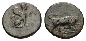 Caria, Kaunos. Ae, 1.46 g 13.12 mm. Circa 350-300 BC. 
Obv: K-A, Sphinx seated right. 
Rev: Bull butting right 
Ref: Konuk pl. 50, B; SNG Copenhagen 1...