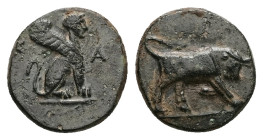 Caria, Kaunos. Ae, 1.60 g 12.86 mm. Circa 350-300 BC. 
Obv: K-A, Sphinx seated right. 
Rev: Bull butting right 
Ref: Konuk pl. 50, B; SNG Copenhagen 1...