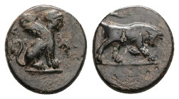 Caria, Kaunos. Ae, 1.62 g 13.40 mm. Circa 350-300 BC. 
Obv: K-A, Sphinx seated right. 
Rev: Bull butting right 
Ref: Konuk pl. 50, B; SNG Copenhagen 1...