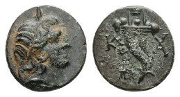 Caria, Kaunos. Ae, 1.15 g 11.83 mm. 3rd century BC.
Obv: Head of Alexander III right.
Rev.: K-AY; Cornucopia. 
Ref.: SNG Keckman 76. 
Fine