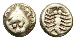 Caria, Mylasa. EL 1/48 Stater, 0.24 g 4.58 mm. Mid 6th century BC.
Obv: Facing head of lion.
Rev: Scorpion within incuse square.
Ref: Weidauer 166-7; ...