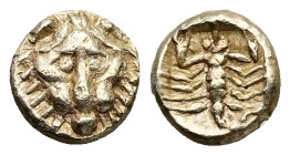 Caria, Mylasa. EL 1/48 Stater, 0.25 g 5.17 mm. Mid 6th century BC.
Obv: Facing head of lion.
Rev: Scorpion within incuse square.
Ref: Weidauer 166-...