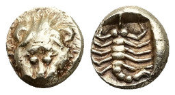 Caria, Mylasa. EL 1/48 Stater, 0.26 g 5.18 mm. Mid 6th century BC.
Obv: Facing head of lion.
Rev: Scorpion within incuse square.
Ref: Weidauer 166-7; ...