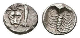 Caria, Mylasa. AR Hemiobol, 0.58 g 8.64 mm. Circa 450-400 BC.
Obv: Forepart of lion facing.
Rev: Scorpion within incuse square.
Ref: SNG Keckman 917; ...