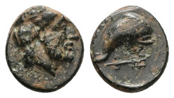 Caria, Nysiros. Ae, 1.53 g 12.09 mm. Mid 4th-late 3rd century BC.
Obv: Laureate head of Zeus right.
Rev: [NI]. Dolphin swimming right; below, trident ...