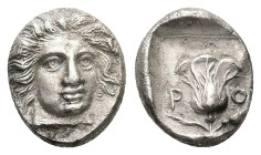 Caria, Rhodes. AR Hemidrachm, 1.89 g 13.09 mm. Circa 408/7-394 BC.
Obv: Head of Helios facing slightly right.
Rev: P - O. Rose.
Ref: Ashton 19; SNG...