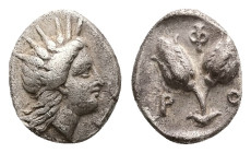 Caria, Rhodes, AR Diobol, 1.16 g 10.72 mm. Circa 340-300 BC. 
Obv: Radiate head of Helios to right
Rev: Two rose buds; P-O flanking, Φ above. 
Ref: As...