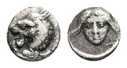 Satraps of Caria, Hekatomnos. AR Tetartemorion, 0.20 g 6.28 mm. Circa 392/1-377/6 BC. 
Obv: Head of roaring lion left.
Rev: Laureate head of Apollo fa...