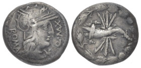 Q. Fabius Maximus, 127 BC. AR, Denarius. 3.80 g. 18.16 mm. Rome.
Obv: ROMA Q• MA X. Helmeted head of Roma, right, with star on helmet flap.
Rev: Cornu...