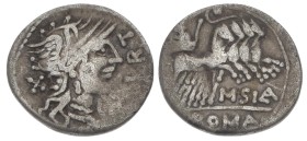 Q. Curtius, 116-115 BC. AR, Denarius. 3.64 g. 19.86 mm. Rome.
Obv: [Q•CV]RT. Helmeted head of Roma, right; behind X.
Rev: M SILA ROMA. Jupiter in qu...