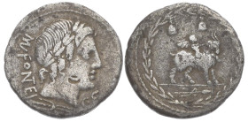 Mn. Fonteius C.f, 85 BC. AR, Denarius. 3.53 g. 19.76 mm. Rome.
Obv: MN•FONTEI C•F. Laureate head of Apollo, right.
Rev: Cupid on goat, right; around, ...