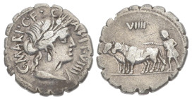 C. Marius C.f. Capito, 81 BC. AR, Denarius. 3.74 g. 19.99 mm. Rome.
Obv: C·MARI·C·F·CAPIT VIIII. Bust of Ceres, right, draped.
Rev: VIIII. Ploughman w...