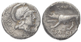 P. Satrienus, 77 BC. AR, Denarius. 3.61 g. 17.78 mm. Rome.
Obv: XXXVI. Helmeted head of Roma, right.
Rev: ROMA, P·SATRIE/NVS. She-wolf, left.
Ref: Cra...