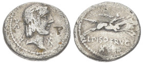 C. Piso L.f. Frugi, 67 BC. AR, Denarius. 3.56 g. 19.12 mm. Rome.
Obv: Laureate head of Apollo, right; before X.
Rev: L PISO FRVGI. Warrior, holding re...