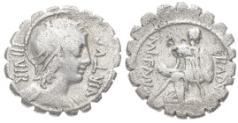 Mn. Aquillius Mn.f. Mn.n, 65 BC. AR, Denarius. 3.69 g. 20.49 mm. Rome.
Obv: VIRTVS III VIR. Helmeted bust of Virtus, right, draped.
Rev: MN •AQVIL MN ...